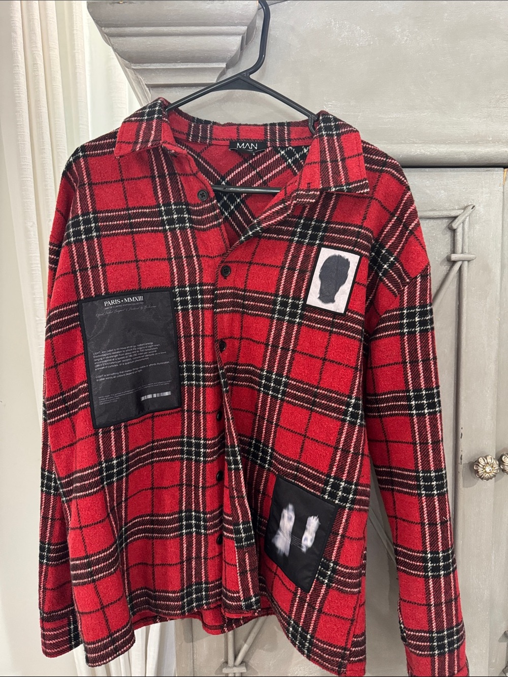 Red Plaid Button-Up Shirt Jacket with Patch Details